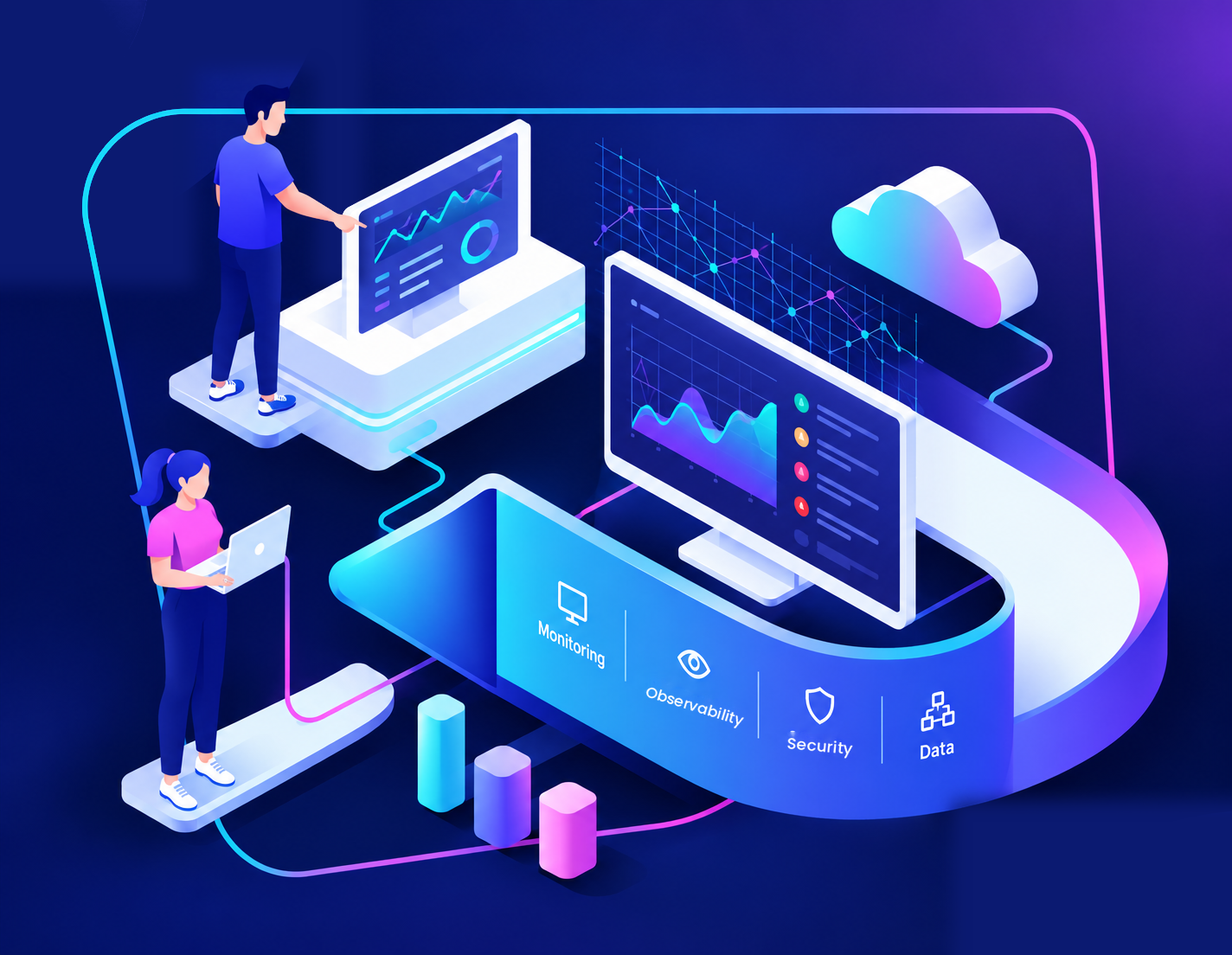 Isometric illustration: teams running monitoring, observability, security and data dashboards